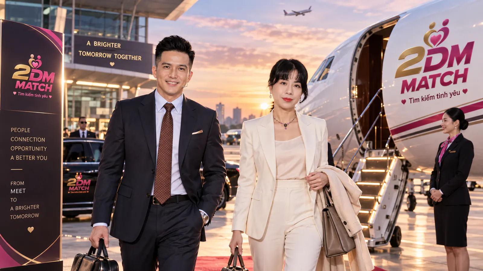 Hai người trong trang phục công sở bước đi trên đường băng lúc hoàng hôn, phía sau là máy bay in logo 2DM MATCH