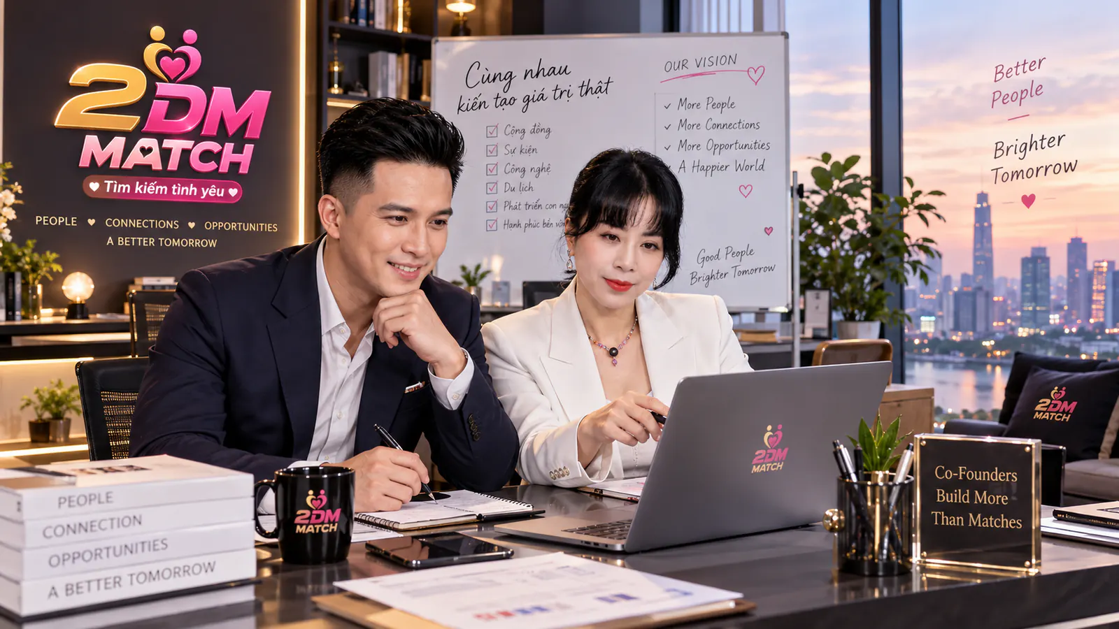Hai người làm việc bên laptop, bảng trắng Cùng nhau kiến tạo giá trị thật và bảng mica Co-Founders Build More Than Matches