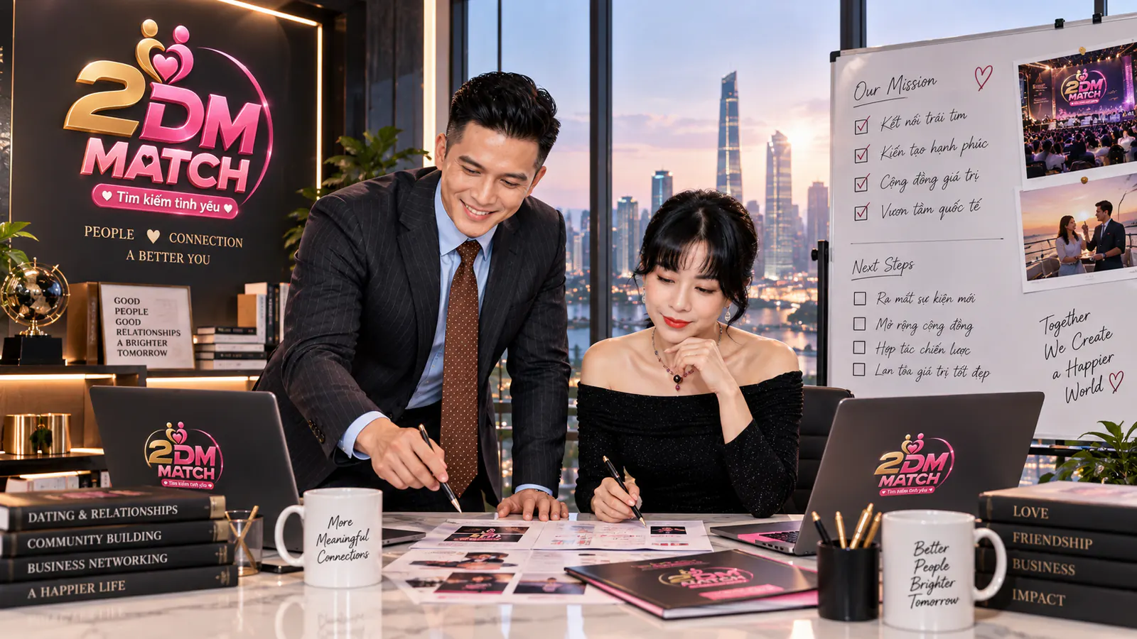 Hai người cùng xem tài liệu trên bàn làm việc, bảng trắng ghi Our Mission với các mục kết nối trái tim, kiến tạo hạnh phúc, cộng đồng giá trị