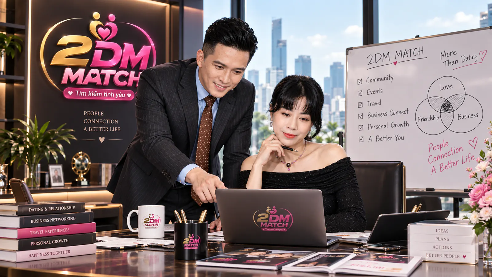 Hai người làm việc bên laptop, bảng trắng vẽ ba vòng tròn Love, Friendship, Business giao nhau