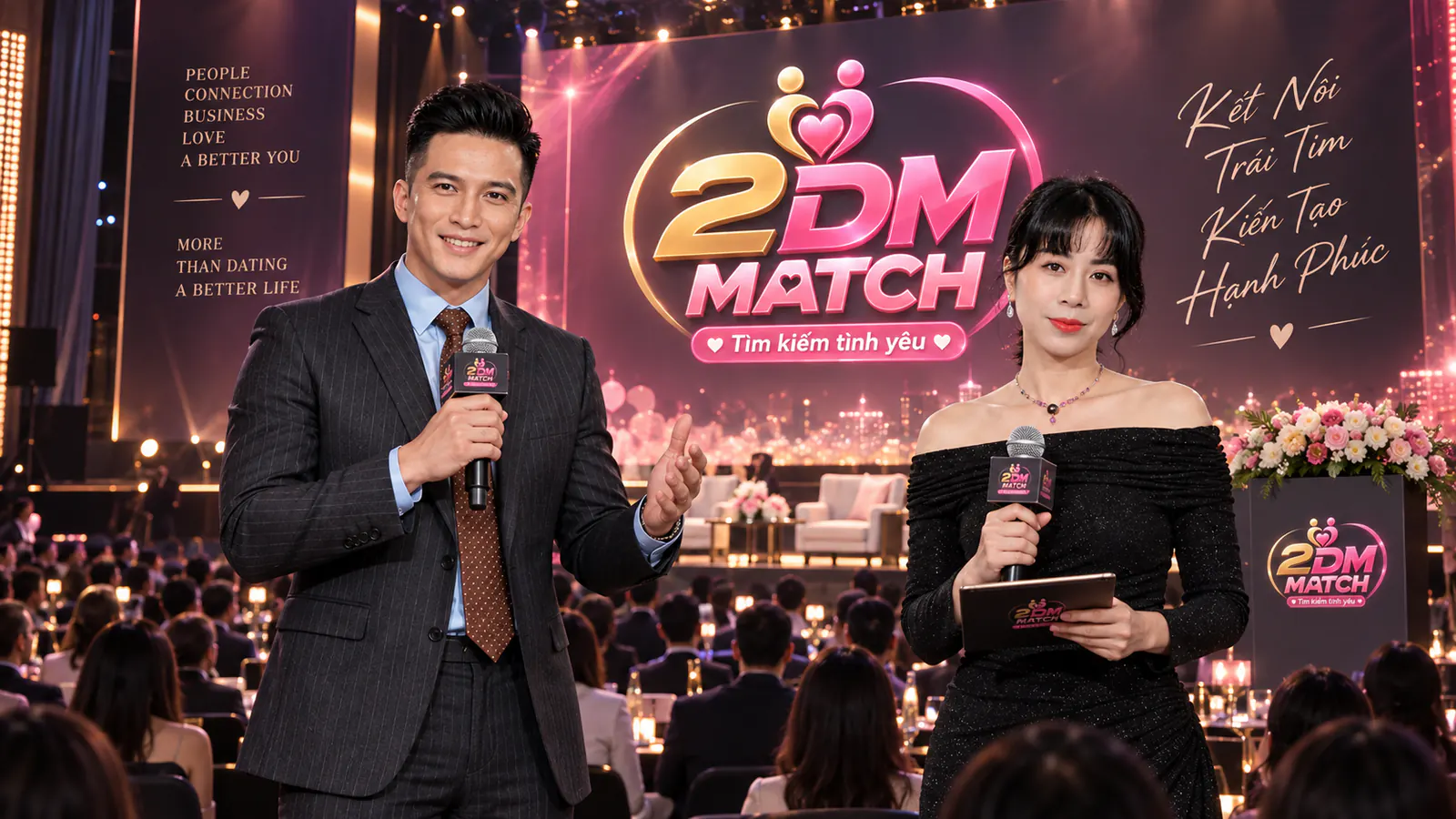 Hai người cầm micro trên sân khấu có màn hình lớn 2DM MATCH và dòng chữ Kết nối trái tim kiến tạo hạnh phúc