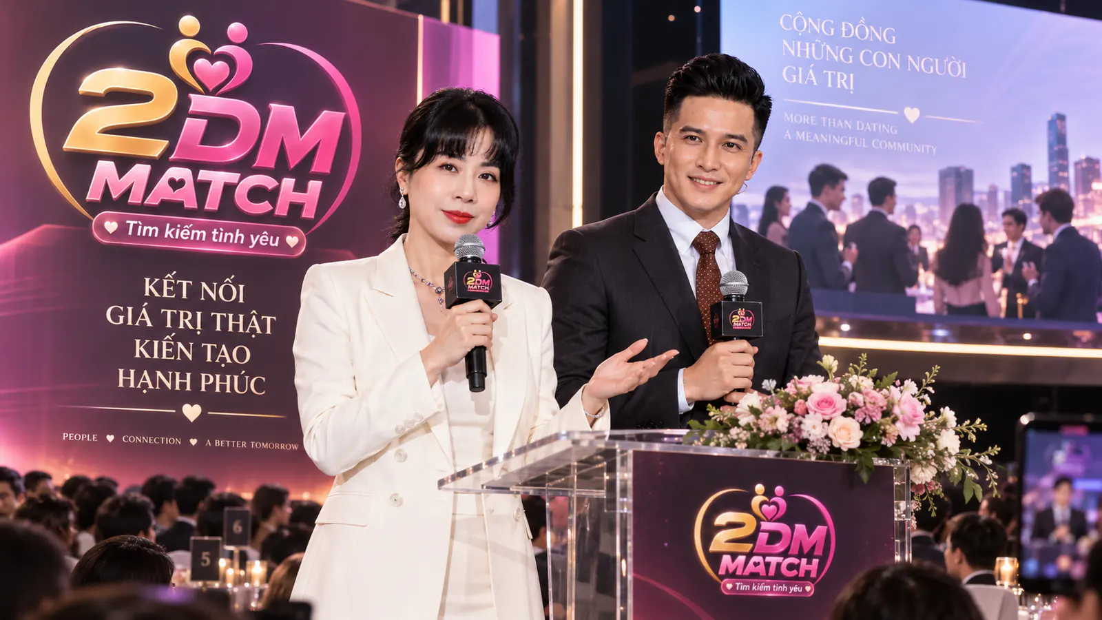 Sân khấu sự kiện lớn với ánh đèn và khách mời trong trang phục dạ tiệc