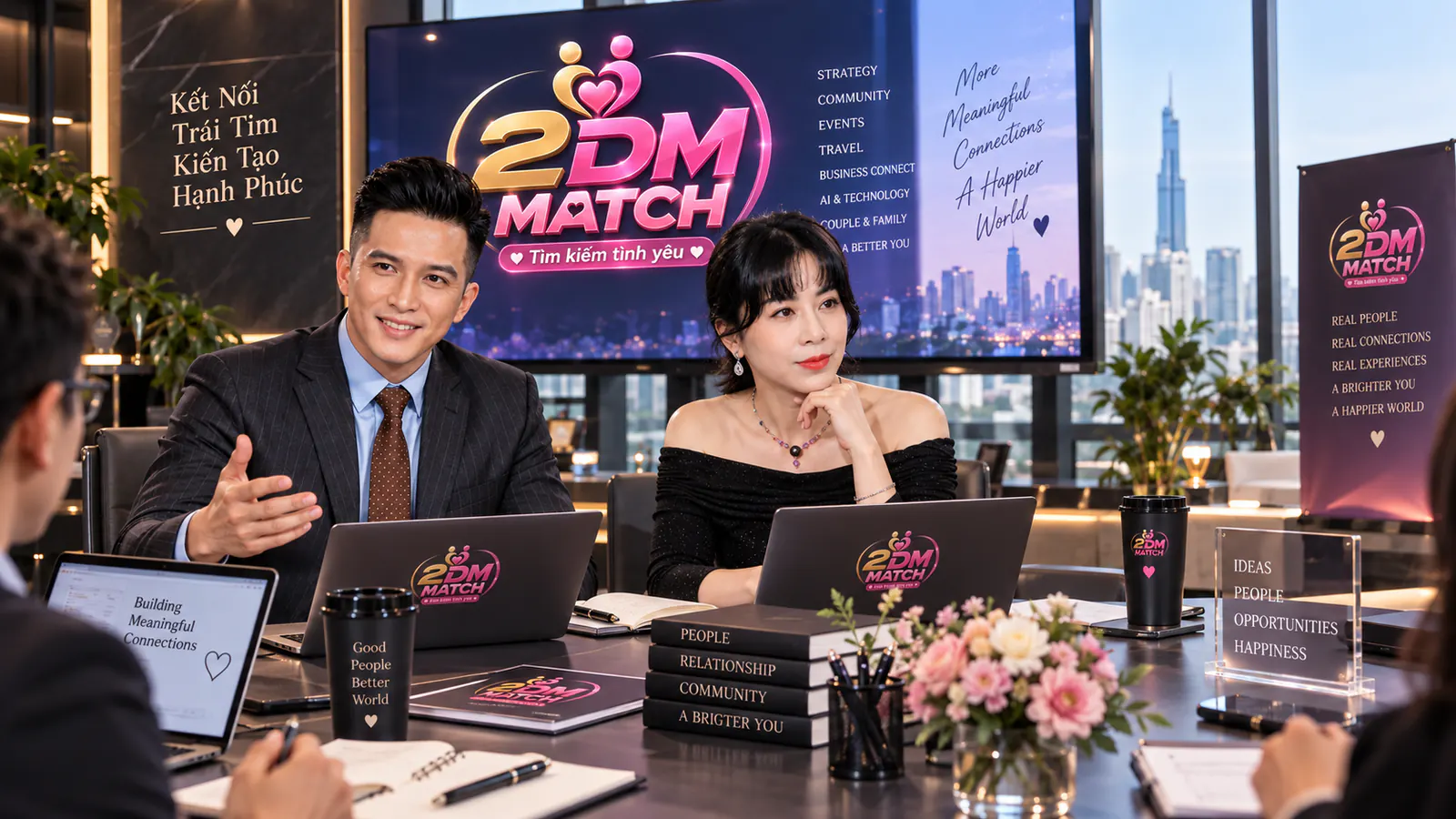 Buổi họp trong phòng có màn hình lớn 2DM MATCH liệt kê Strategy, Community, Events, Travel, Business Connect