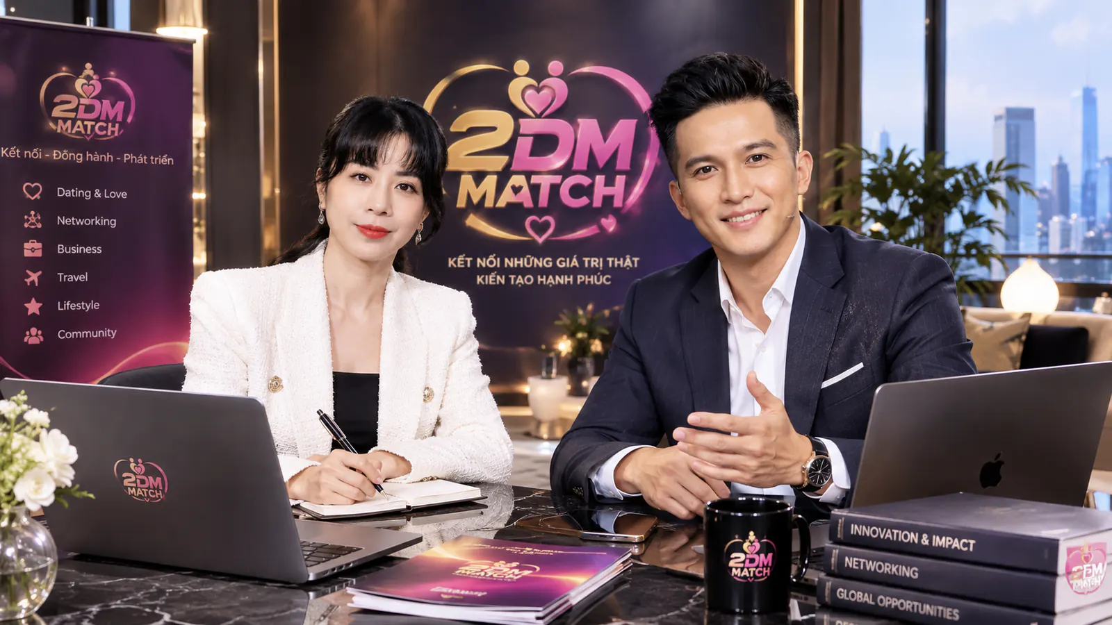 Hai người ngồi bàn làm việc trước bảng giới thiệu các nhóm Dating & Love, Networking, Business, Travel, Lifestyle, Community