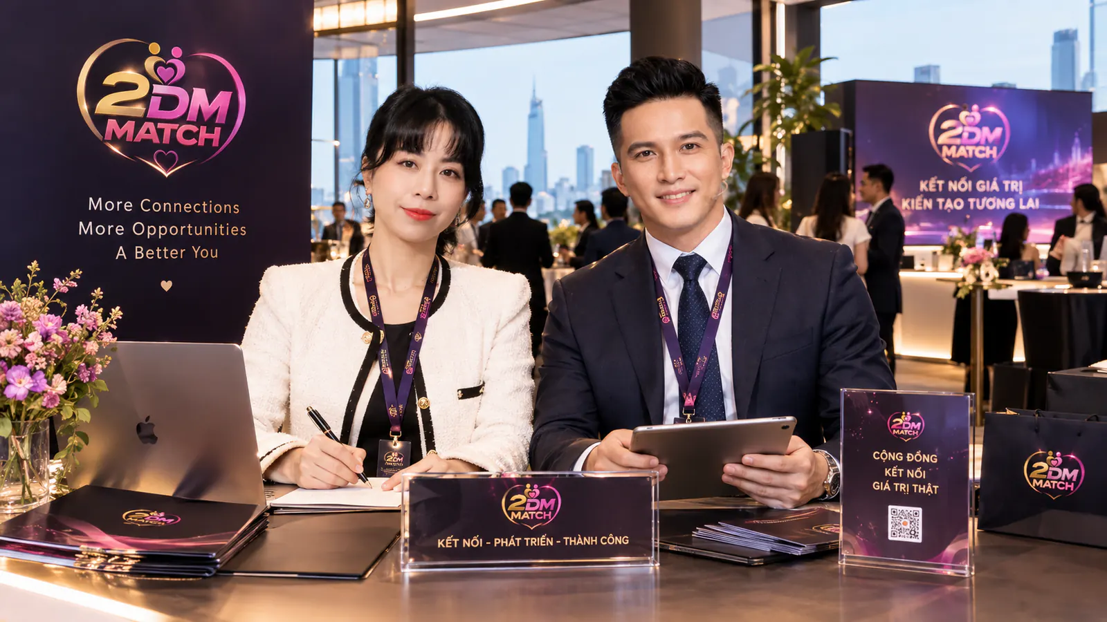 Quầy đón khách sự kiện với laptop, bảng Kết nối, Phát triển, Thành công và mã QR check-in