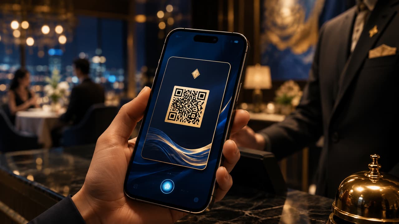 Bàn tay cầm điện thoại hiển thị mã QR thẻ thành viên