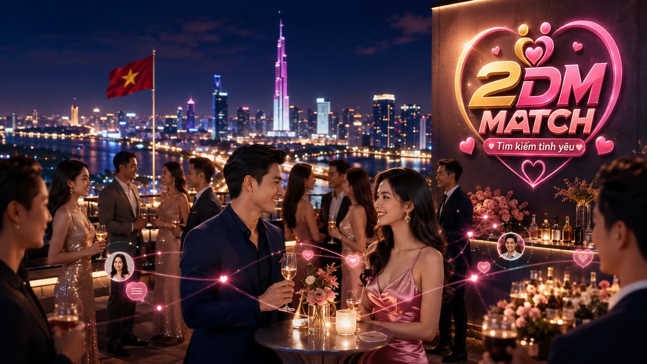 Cặp đôi nâng ly trong khung cảnh thành phố về đêm