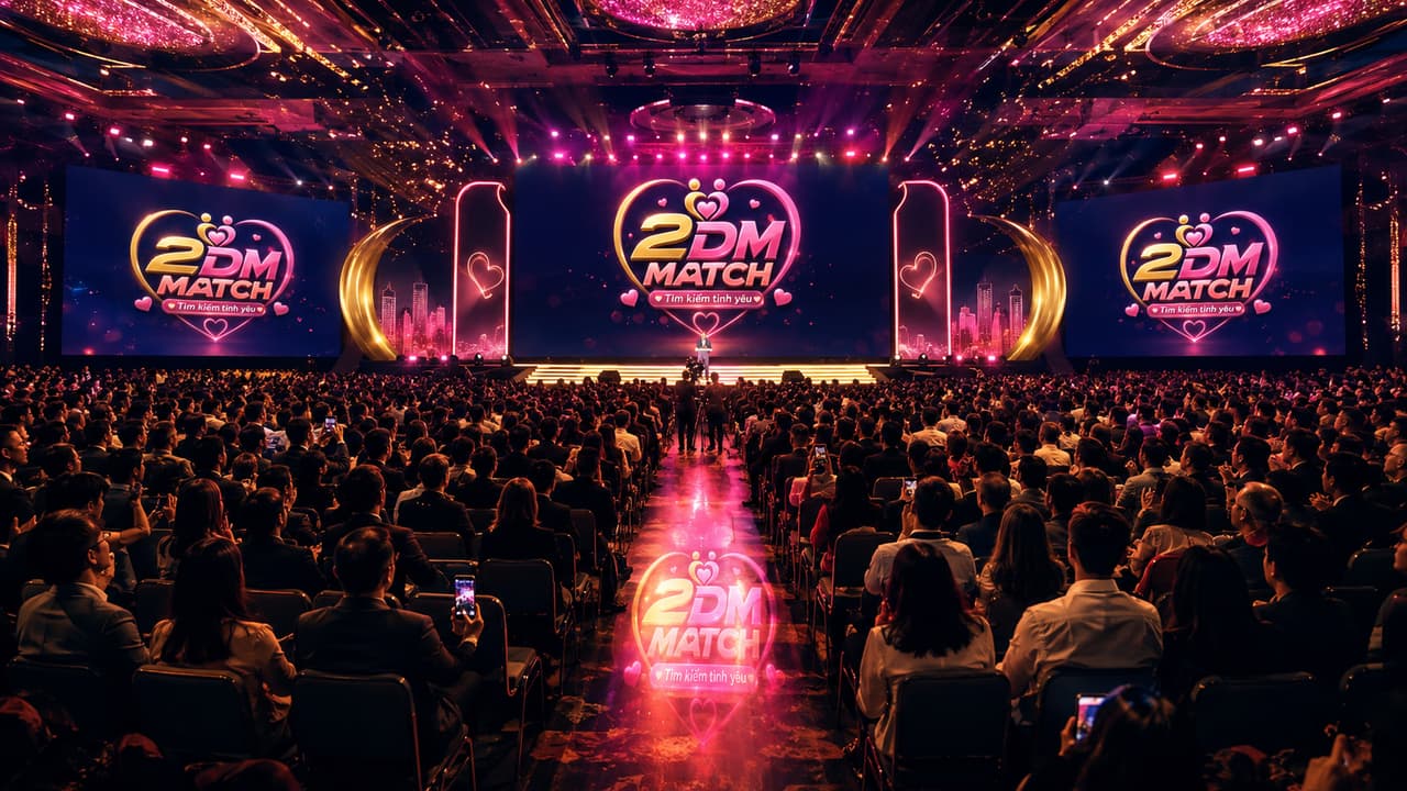 Hội trường lớn với sân khấu và màn hình logo 2DM MATCH